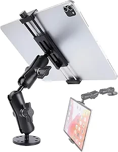 All-Aluminum Heavy Duty Drill Base Tablet Holder Mount for 4.7"-15" iPad Pro,Mini,Samsung Galaxy Tab, Surface, 360°Adjustable 2-Stage Arm Car Stand for Truck Dashboard Wall Desk Commercial Vehicle