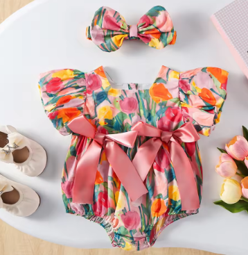 2PCS 0-2Y Baby Clothes Full of Tulip Toddler Girls Bodysuit One Piece Puff Sleeve Girls Clothes with Headband Infant Outfit