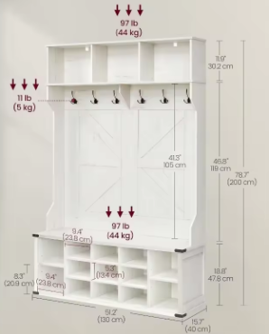 Hall Tree with Bench and Shoe Storage, Coat Rack with Shoe Bench, Entryway Furniture, 16 Open Compartments, 6 Tri-Hooks