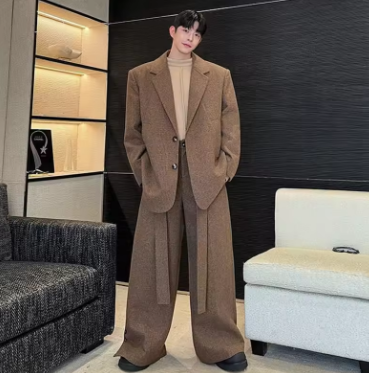 IEFB Niche Design Men's Two-piece Sets Single Breasted Chic Button Suit Jackets Solid Color Straight Leg Loose Male Pants 9C7876