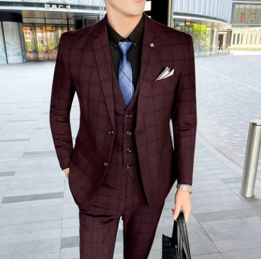 Men's Suit Suit Jacket Dress (suit + Waistcoat + Trousers) 2024 Stylish and Handsome All-fit English Plaid Three-piece Set M-5XL
