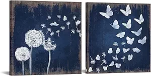 iHAPPYWALL 2 Pieces Rustic Dandelion Butterfly Canvas Wall Art Wish Flowers Navy Blue Picture Artwork for Bathroom Bedroom Home Decor Ready to Hang 12x12inchx2pcs (Blue and White)