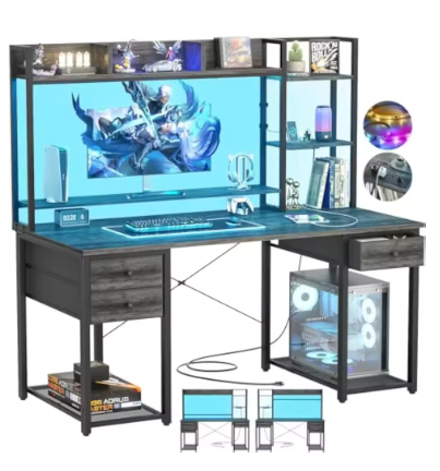 Desk with LED and Outlets Gaming Desk with Hutch Computer Reversible office desk storage bookshelf Large Workstation Desk with S