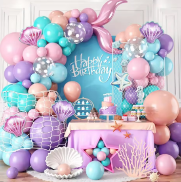 127pcs Mermaid Balloon Arch Set, Pink Purple Orange Blue Dot Balloon Ocean Theme Mermaid Princess Birthday Party Decoration