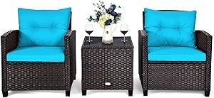 AUGESTER 3 PCS Patio Furniture Set, Outdoor PE Rattan Wicker Conversation Sofa Set w/Washable Cushion and Tempered Glass Tabletop, All Weather Chat Sofa for Garden Poolside Balcony Porch (Turquoise)