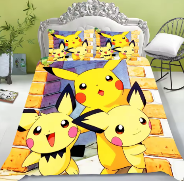 Electric Mouse Cartoon Pikachu Duvet Cover Home Blue Printed Pillowcase Set Adult Bedroom Children Comforter Bedding