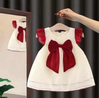 Summer cute baby girl dress girls' color blocked big bow small flying sleeves beach princess dress