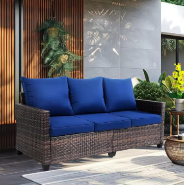 Outdoor Patio Sofa, 3-Seat Rattan Wicker Couch for Garden Deck or Porch, All-Weather Patio Furniture with Anti-Slip Cushions